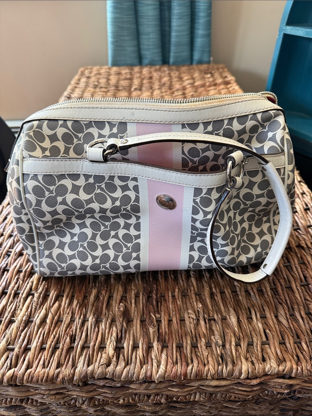 Coach Beige Signature Satchel with Pink Center Stripe